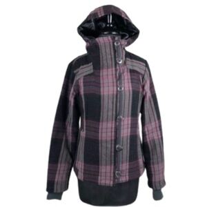 Columbia Jacket Purple Plaid Wool Blend Winter Coat Hood Omni-Shield Size XS